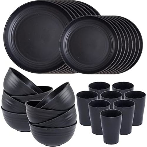 Supernal Wheat Straw Dinnerware Sets,Unbreakable Dinner Plates for 8,Microwave Dishwasher Safe,Reusable Dinnerware,Black Set 16pcs Plates, 8pcs Bowls, 8pcs Cups.