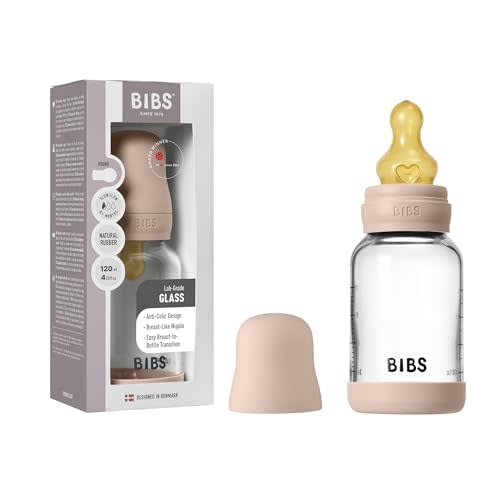 BIBS Glass Baby Bottle, 120 ml, 1-Pack, Natural Rubber Nipple, Blush | Anti-Colic | Natural Rubber Latex Nipple | Slow Flow | Supports Breastfeeding | Made in Denmark | Familiar BIBS Nipple