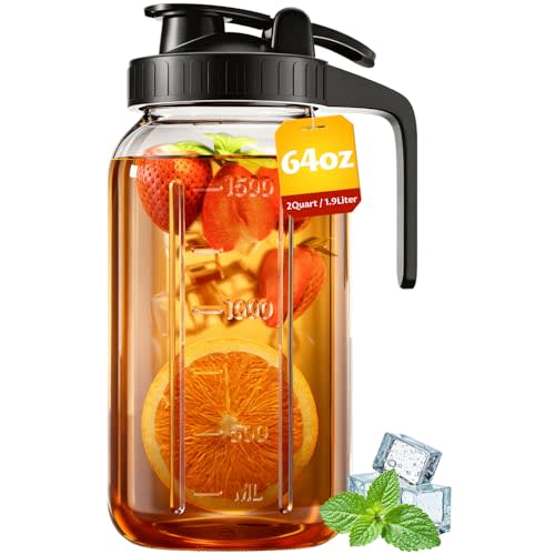 64oz Mason Jar Pitcher, Glass Pitcher with Lid for Tea & Cold Brew | Mason Jar, BPA Free, Leakproof, Fridge/ Dishwasher safe, Ergonomic handle, Flip-cap pour spout, Wide mouth, Versatile