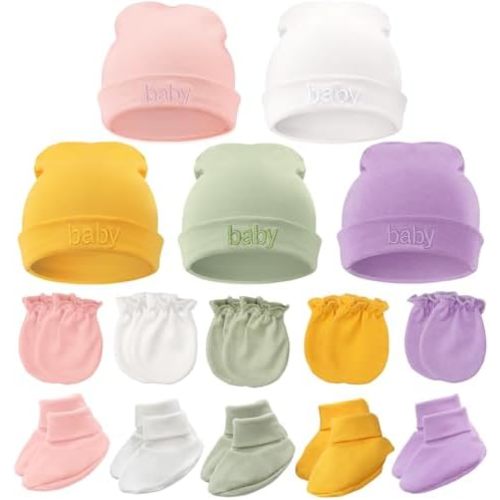 BQUBO Newborn Baby Hat Mittens Socks Set Infant Cotton Beanie Gloves Thick Warm Socks for 0-6 Months Boys Girls