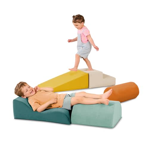 B. toys – Sensory Foam Shapes – 5 Pieces Foam Building Set – Cylinder, Ramp, Stair, Wavy Ramp, Half – Cylinder – Removable & Machine – Washable Covers – 12+ Months – WonderShapes