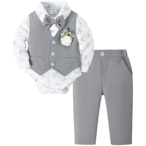 SANMIO Baby Boy Clothes Suits Infant Gentleman Outfit Collared Dress Shirt+Vest+Tie+Corsage+Pants 5Pcs Baby Suit Sets