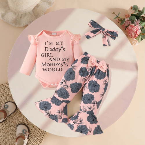 Trupants Kids Girl Pink Outfit Set 0-12 Months - 3Pcs Soft Cotton Top (Ruffled Sleeves, "I’m My Daddy’s Girl"), Floral Pants, Headband - Easy Diaper Change,Size 9 Months