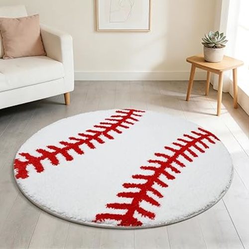 31.5 Inch Round Baseball Rug Sports Carpet with Non-Slip TPR Backing Soft Washable Area Rug for Boys Bedroom Living Room Playroom Room Decor Gifts for Baseball Lovers Sports Fans