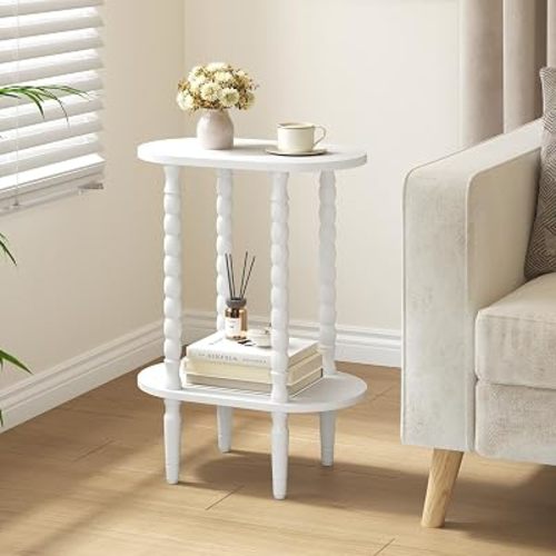 TUTOTAK Narrow Side Table with Solid Wood Legs, Small Oval End Table