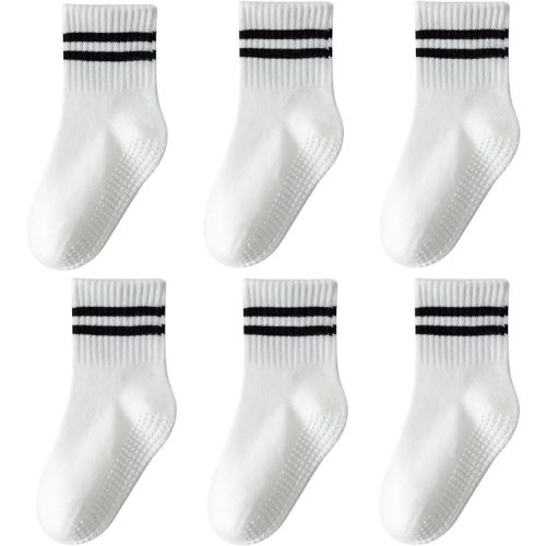 Toddler Grip Socks with Non-Slip, Unisex Baby Retro Stripe Seamless Crew Ankle Cotton Socks for Girls Boys 6 Pairs