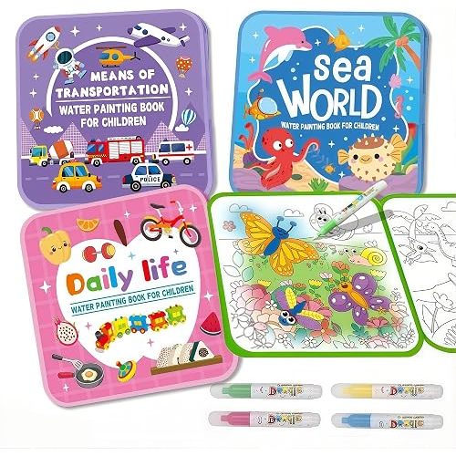 Reusable Water Painting Books for Kids Ages 3-6, 4 Pack Magic Reveal Coloring Books with Water Pens, Mess Free Art Activity for Toddlers, Travel Toys with Animals, Ocean World & Vehicles Themes
