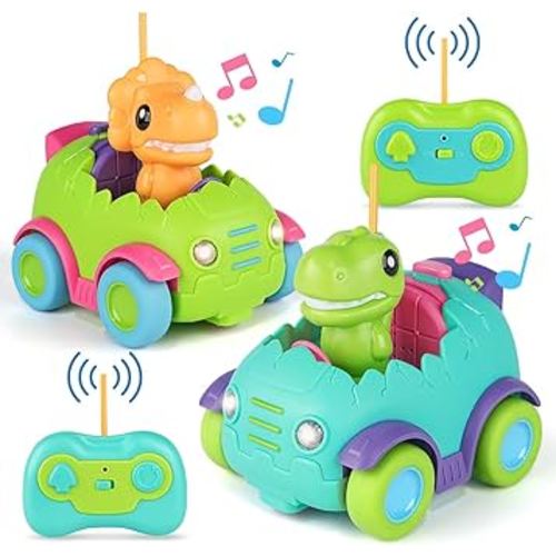 Nueplay Remote Control Car for Toddler Age 2 3 4 5, Electric RC Car Toys with Light & Music, Toddler Dinosaur Toys, Dino Figures Truck Race Car Vehicles, Birthday Gift for Boys & Girls, 2 Pack Playset
