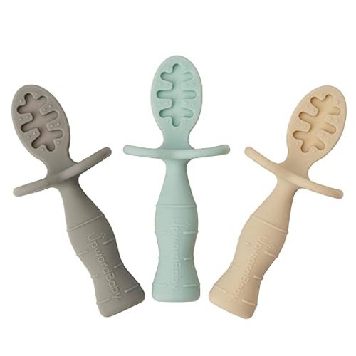 Upward Baby Silicone Baby Feeding Spoon with Anti Choke Barrier - Baby Spoons Self Feeding 6 Months, First Stage Infant Supplies and Toddler Utensils, Baby Led Weaning Soft-Tip Training Spoon, 3 Pack