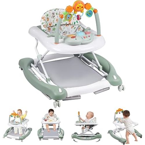 RefoereBabe Baby Walker, 5 in 1 Baby Walkers for Boys Girls 6-12 Months, Foldable Walkers for Babies with Bouncer & Feeding Tray, Music, Adjustable Heights, Activity Walker for Infant