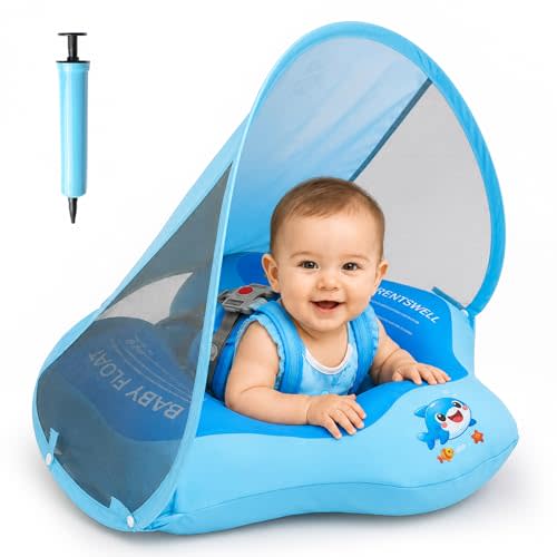 Baby Pool Float with Canopy UPF50+ Sun Protection, Soft Fabric-Covered Baby Floats with Safety Seat, No Flip Over Baby floaties for Age 6-36 Months, Infant Pool Float for Toddler