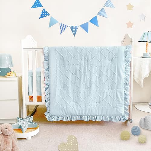 Baby Crib Bedding Set for Girls, 3 Piece Boho Crib Comforter Set Ruffle, Baby Boy Crib Bedding Set Nursery Blanket Set Neutral Include Quilted Comforter, Crib Skirt and Sheet, Blue