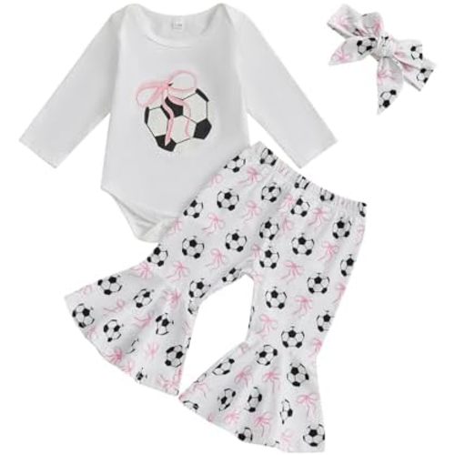 Newborn Baby Girl Soccer Outfit Soccer Bow Short Sleeve Bubble Romper Bell Bottom Pants Headband Set Summer Clothes