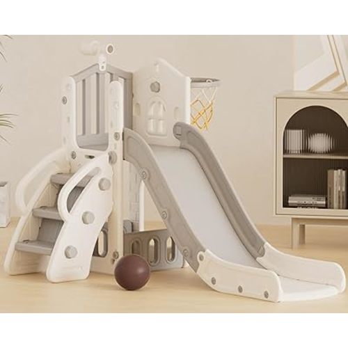 XJD 5 in 1 Toddler Slide, Kids Slide for Toddlers Age 1-3, Outdoor Indoor Playset for Toddlers with Basketball Hoop and Ball, Storage Space and Non-Slip Steps Telescope (Gley)
