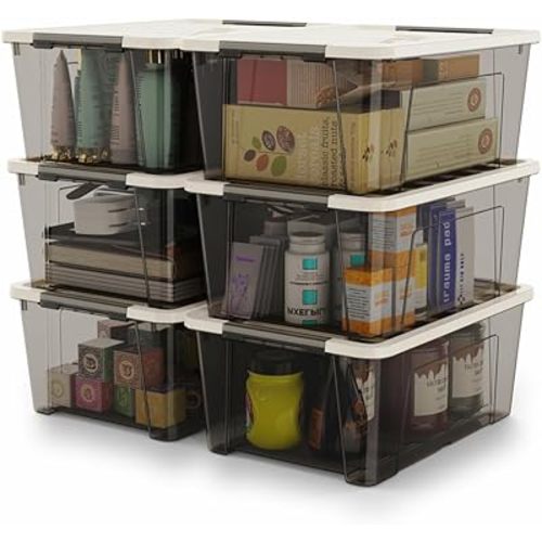 WYT Small Clear 5-Quart Plastic Storage Container Bin with Khaki Secure Lid and Black Latch Buckles, Durable Stackable Nestable Organizin, 6-Pack