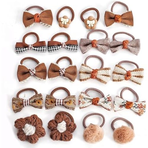 Cute Bow Hair Ties for Little Girls,PomPoms,Flower Scrunchies,20 Pcs,Brown Baby Girl Hair Bands Elastics,Natural Color,Soft Stretchy,for Infants & Kids,Gentle on Fine Hair, Gift (Candy Brown)