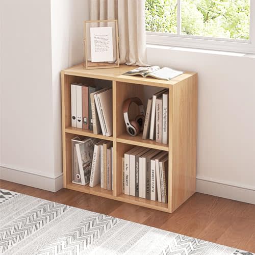 NELYE 4 Cube Organizer Bookcase - Fabric Storage Bins Container, Open Shelf Simple Compartments Bookshelf, Oak