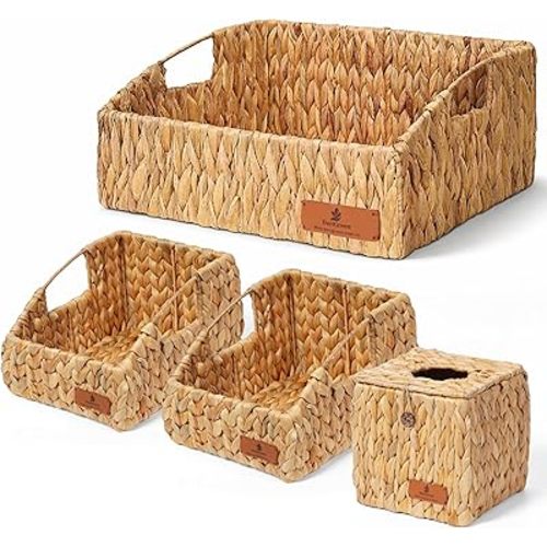 Water Hyacinth Storage Baskets for Shelves Set of 3, Rectangular Open-Top Wicker Storage Bins with Handles, Shelf Baskets for Closet, Bathroom, Pantry + Tissue Box Cover