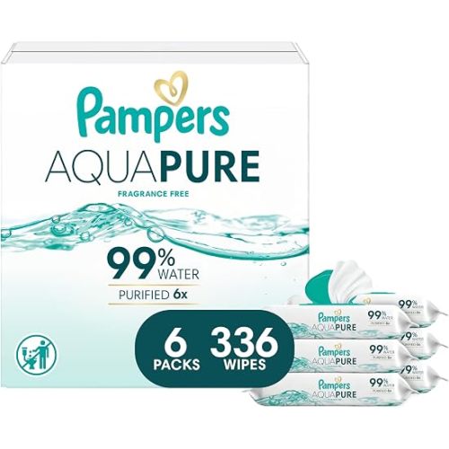 Pampers Aqua Pure Baby Wipes, 99% Water, Fragrance Free, Unscented, Water Based, Multi-Use, 336 Wipes Total (6X Flip-Top Packs) [Packaging May Vary]