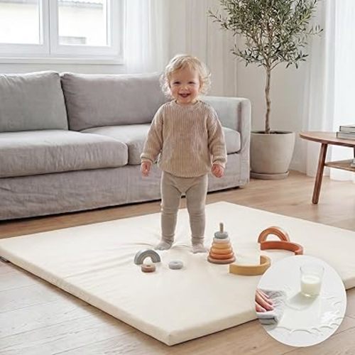 Baby Play Mat 50x50 Inches,1.3" Thick Padded Waterproof Floor Cushion & Playpen Mat with Vegan Leather,Non-Slip & Non-Toxic Nursery Rug for Infants, Toddlers & Kids(Cream)