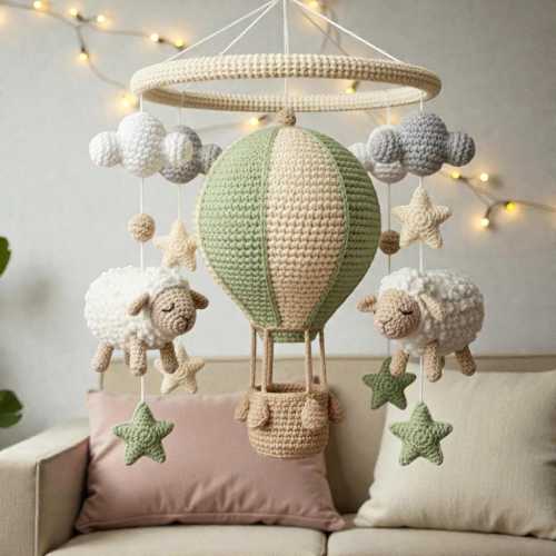 Crochet Hot Air Balloon Mobile with Sheep, Green Nursery Hanging Decor