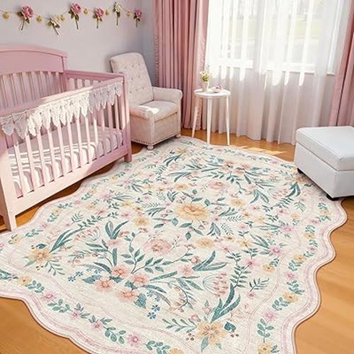 Scalloped Pink Floral Rug 6x9, Washable Soft Faux Wool Area Rug for Living Room, Cute Boho Non-Slip Carpet for Kids Room, Nursery, Bedroom or Office
