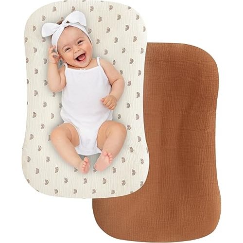 UBBCARE 2 Packs Muslin Baby Lounger Cover, Baby Nest Sleeper Cover for Baby Boys and Girls, Washable Slipcover Fit Infant Lounger, Organic Lounger Cover for Newborn - Rainbow&Brown