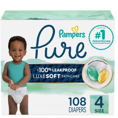 Pampers Pure Protection Hypoallergenic Diapers Size 4, 108 Count, 12 Hours Leak Protection