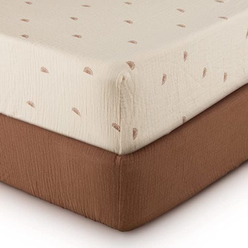 Muslin Crib Sheets for Girls and Boys, Cotton Boho Neutral Fitted Baby Crib Sheet for Standard Crib Mattress & Toddler Bed Mattress (52"x28"), Soft Breathable Baby Sheets 2 Pack (Sunshine&Brown) - Crib Sheets 2 Pack