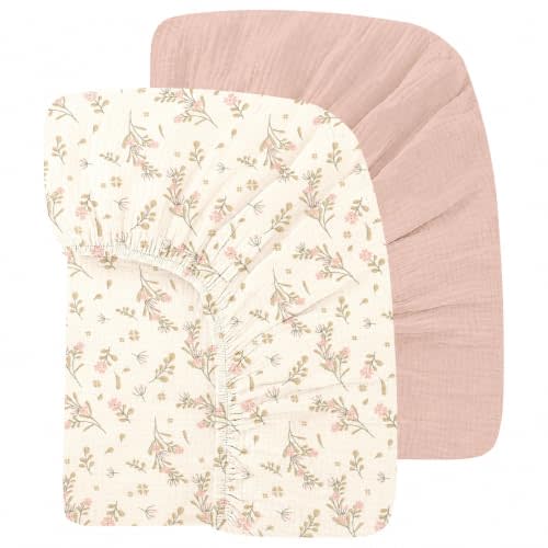 Organic Baby Crib Sheets 52x28 Inches 2 Pack 100% Muslin Cotton Soft Fitted Crib Mattress Sheet for Baby Girls, Boho Toddler Bed Sheets Fits Well Standard Size Crib Mattress 28x52 Inches Floral & Pink