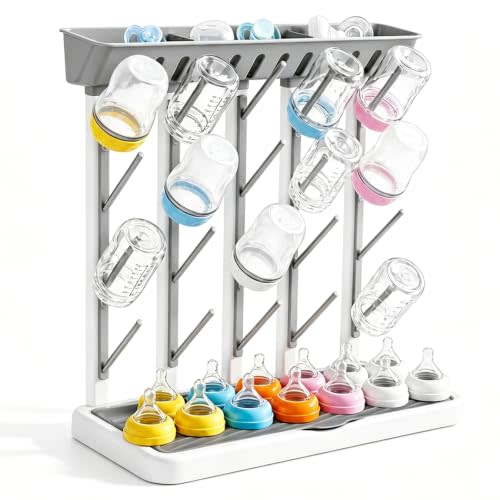 Large Baby Bottle Drying Rack & Countertop Storage Station for 20 Bottles | Includes Detachable Baskets; Fits Nipples, Pacifiers, Teethers & Breast Pump Parts; Space-Saving Countertop Organizer, Grey