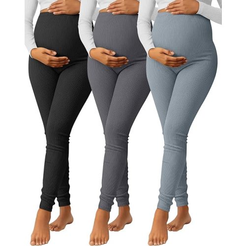 3 Pack Women's Maternity Pants Ribbed Cotton Over The Belly Tight Lounge Pregnant Pants for Casual Pajama Home
