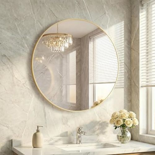 24 Inch Gold Round Bathroom Wall Mirror, Round Mirrors for Wall Decor, Circle Mirror for with HD Shatter-Proof Glass for Entryway, Living Room, Bedroom, Dressing Room, Home Decor
