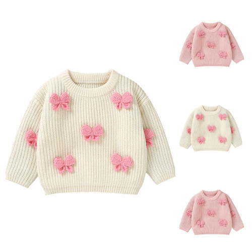 LOVZFMLL Sweaters for Girls, Crew Neck Ribbed Pullover Bow Cute, Casual Essential Fall Clothes Warm Winter Tops Newborn Girls Clothes for 6-9 Months