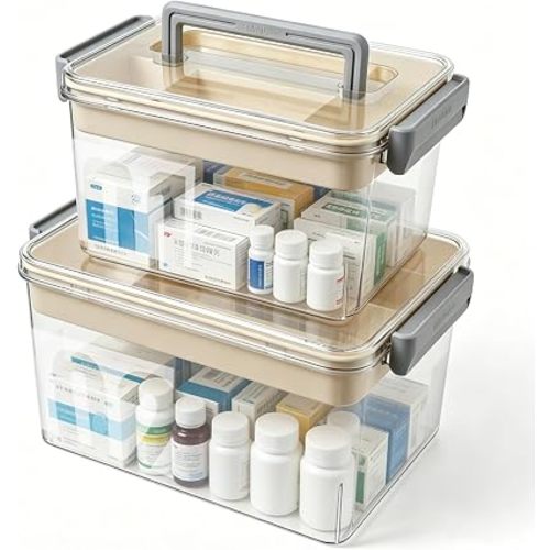 2Pack Medicine Box Set, Bandage Storage with Lid and Handle, First Aid Box, Large Portable Medicine Container Holder, Suitable for Home, Office, Travel, School, Office