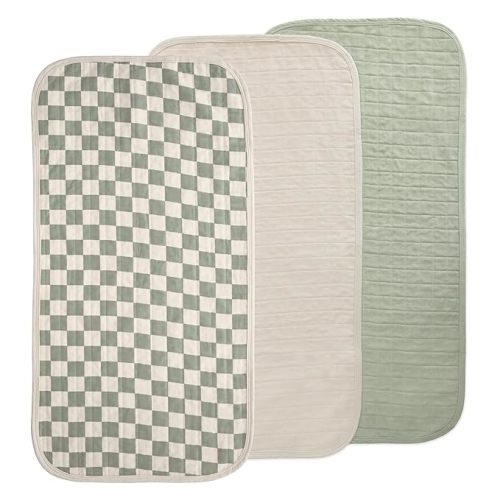 mushie Waterproof Changing Pad Liners | 100% Organic Cotton | Set of 3 (Olive Check Combo)
