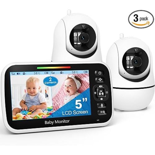 GoodBaby 5" Split Screen Baby Monitor with 2 Cameras and Audio | No WiFi Secure Camera, 30-Hour Battery, Remote PTZ, Auto Night Vision, Room Temperature, Two-Way Audio,Lullabies,960 ft Range