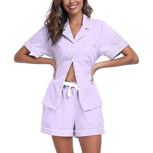 COLORFULLEAF Womens 100% Cotton Pajamas Set Short Sleeve Sleepwear Button Down Pjs Soft 2 Piece Lounge Set with Pockets S-XXL