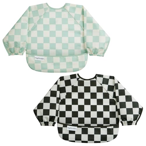 Tiny Twinkle Long Sleeve Bib for Babies & Toddlers | 2-Pack Waterproof Smock Bib for Eating | Machine Washable & Mess-Proof Feeding Essentials | Newborn Shower Gift (Black,Sage Checkers, 6-24M)
