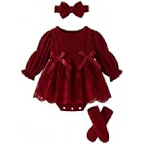 JiAmy Baby Girls Princess Romper Dress Floral Lace Tutu 3-Piece Set 0-18M | Snap-closure bubble romper; layered lace tutu skirt + headband + socks; baptism, wedding & holiday gift, baby 0-18M