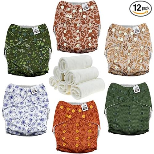 Mama Koala 3.0 Pocket Cloth Diapers for Babies with AWJ Lining, 6 Pack with 6 4-Layer Natural Cloth Diaper Inserts - Reusable and Washable Pocket Diapers(Neutral Leave)