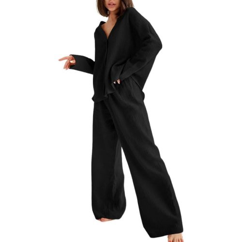 codcm Womens Cotton Gauze Loungewear Sets Casual 2 Piece Sleepwear Button Down Shirt and Wide Leg Pants Outfits
