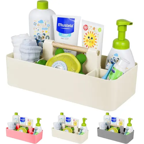 Baby Shower Caddy Plastic Nursery Portable Storage Organizer Caddy Tote for Child/Kids, Divided Basket Bin with Wood Handle for Bathroom, Dorm Room, Holds Hand Soap, Bottles, Spoons (Beige)