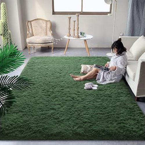Fluffy Dark Green Rugs for Bedroom Living Room, 4x6 Feet Soft Plush Shaggy Forest Hunter Green Girls Boys Kids Rug, Non-Slip and Machine Washable Carpet for Dorm Nursery Classroom Decor