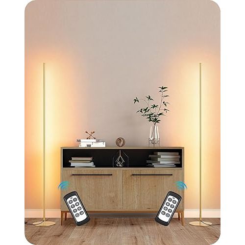 EDISHINE LED Corner Floor Lamp, Set of 2 Minimalist Dimmable Light with Remote, 57.5" Tall Standing Lamp for Living Room, Bedroom, Home Office, 7 Color Temperature 2700-6000K (Gold)