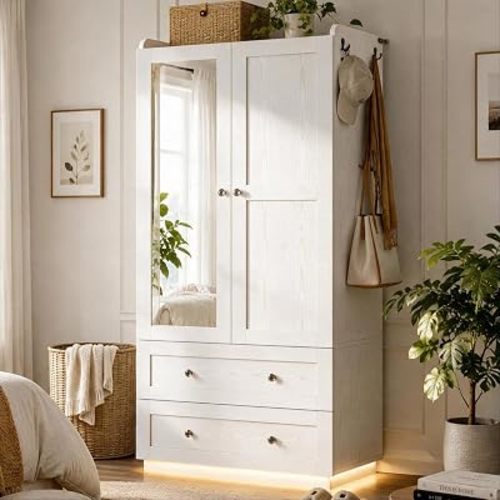IRONCK Wardrobe Closet with Mirror, Drawers and LED Lights, White