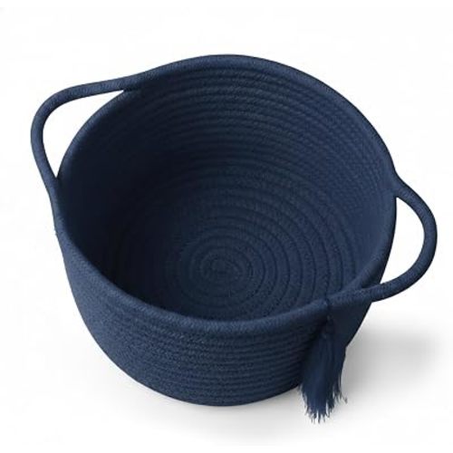 Small Gift Basket Empty to Fill with Gift Bag & Ribbon, Navy Blue | Cute Decorative Mini Woven Rope Basket with Handles for Gifting; Reusable for Bathroom Counter or Desk Catchall, 8 x 4.7 in