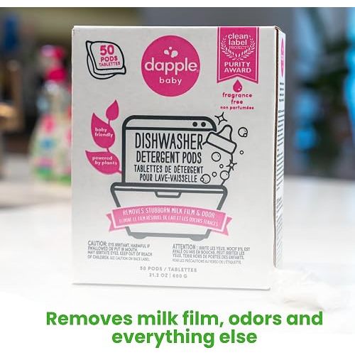 Dapple Baby Dishwasher Pacs, Hypoallergenic Dishwasher Pods Powered by Plants, Removes Milk Residue & Odor on Dishes, Baby Bottles & Kitchenware, Fragrance Free, 50 count