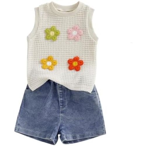 YINGISFITM Toddler Girl Clothes Baby Summer Waffle Knit Tank Top Sleeveless Shirt Jeans Shorts Floral Outfit Girls Clothing
