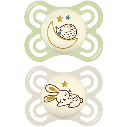 MAM Perfect Night Baby Pacifier, Patented Nipple, Glows in the Dark, 2 Pack, 0-6 Months, Unisex